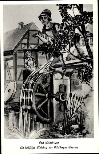 Ak Bad Wildungen in Nordhessen, Die kräftige Wirkung des Wildunger Wassers, Wassermühle