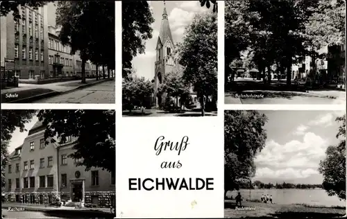 Ak Eichwalde in Brandenburg, Schule, Kirche, Rathaus, Bahnhofstraße