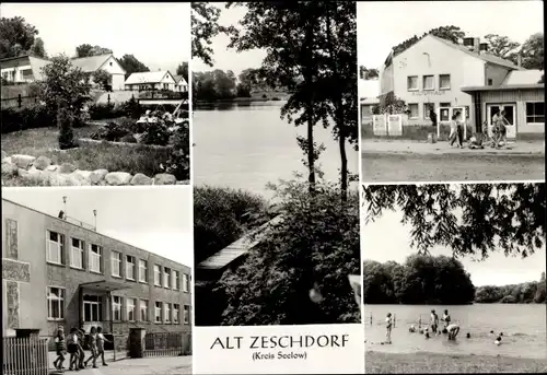 Ak Alt Zeschdorf in der Mark, Bungalow Siedlung, Mittelsee, Kulturhaus, Oberschule, Badestrand