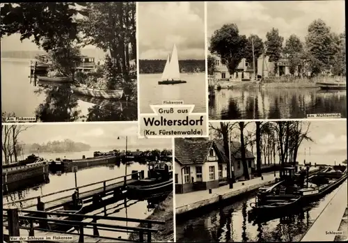 Ak Woltersdorf bei Berlin, Flakensee, Am Mühlenteich, Schleuse, Segelboot