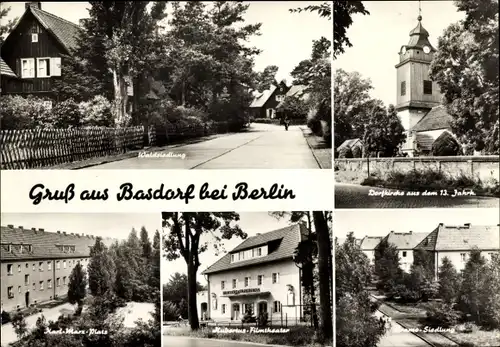 Ak Basdorf Wandlitz in Brandenburg, Dorfkirche, Hubertus Filmtheater, Waldsiedlung, Karl-Marx-Platz