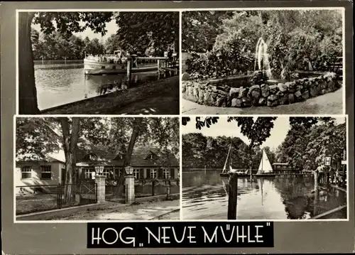 Ak Königs Wusterhausen in Brandenburg, HOG Neue Mühle, Schiff, Brunnen, Segelboote