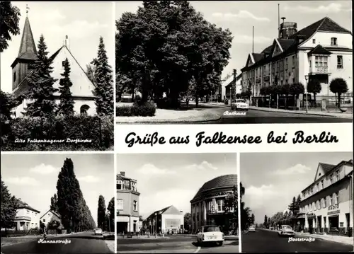 Ak FFalkensee Havelland, Dorfkirche Falkenhagen, Rathaus, Hansastraße, Poststraße