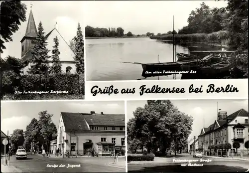 Ak Falkensee im Havelland, Dorfkirche, Falkenhagener See, Straße der Jugend, Rathaus, Straßenpartie