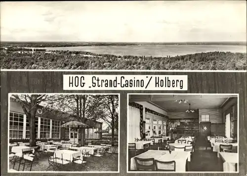 Ak Kolberg Heidesee in Brandenburg, HOG Strand Casino innen und Terrasse, Panorama vom See