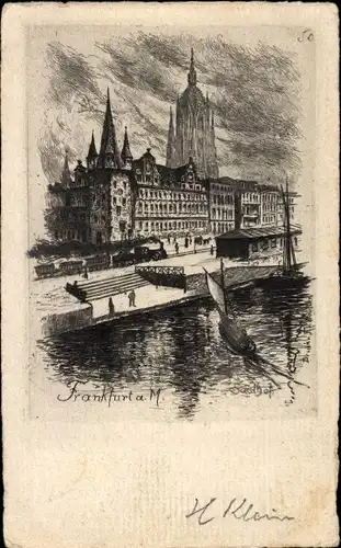 Künstler Ak Frankfurt am Main, Uferpartie, Segelboot, Eisenbahn