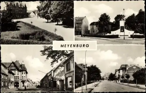 Ak Meyenburg in der Prignitz, Teilansichten, Denkmal, Straßenpartie