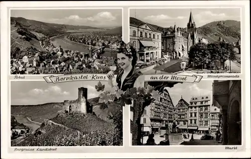 Ak Bernkastel Kues an der Mosel, Moselpromenade, Markt, Burgruine Landshut, Panorama