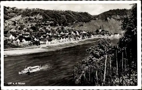 Ak Löf Loef an der Mosel, Gasthaus Pension Lellmann, Panorama über Fluss, Schiff