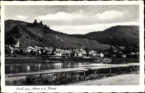 Ak Alken an der Mosel, Panorama über Fluss mit Bergen, Burg