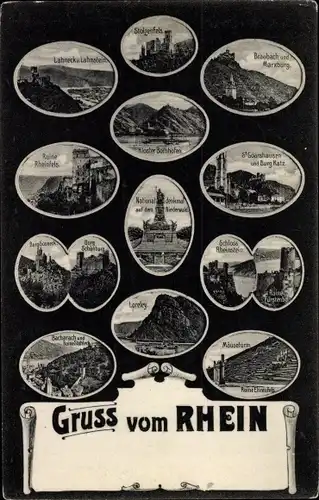 Ak Koblenz am Rhein, Stolzenfels, Lahneck, Loreley, Mäuseturm, Schloss Rheinstein, Ruine Rheinfels