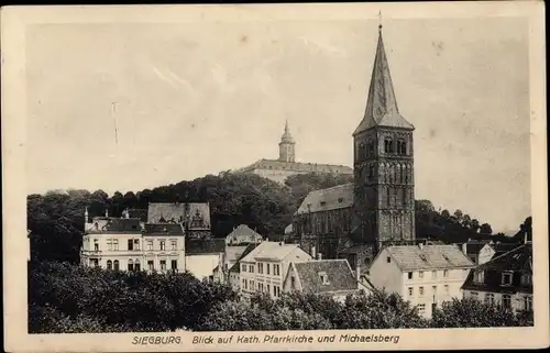 Ak Siegburg an der Sieg, Blick auf Kath. Pfarrkirche und Michaelsberg