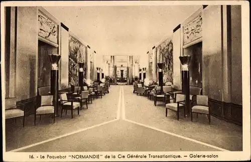 Ak Paquebot Normandie, CGT French Line, Galerie salon