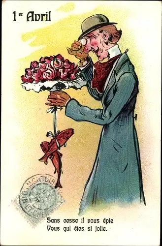 Ak Glückwunsch 1. April, Mann mit Blumenstrauß, Fische, Sans cesse il vous epie...