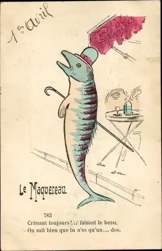 Ak Glückwunsch 1. April, Vermenschlichter Fisch, Hut, Gehstock, Le Maquereau