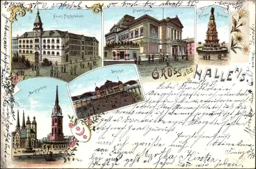 Litho Halle an der Saale, Neues Postgebäude, Stadttheater, Kriegerdenkmal, Bahnhof, Marktplatz
