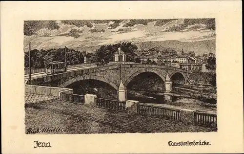 Künstler Ak Rudi, Müllers, Jena in Thüringen, Camsdorfer Brücke, Federzeichnung