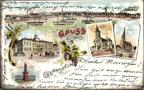 Litho Gernsheim am Rhein, Gesamtansicht mit Dampfern, Kirche, Stadthaus, Schöfferdenkmal