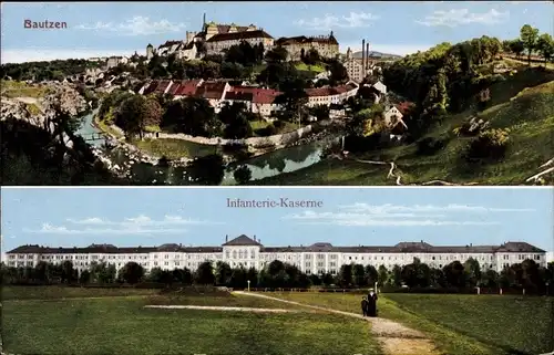 Ak Bautzen in der Oberlausitz, Panoramaansicht, Infanterie-Kaserne
