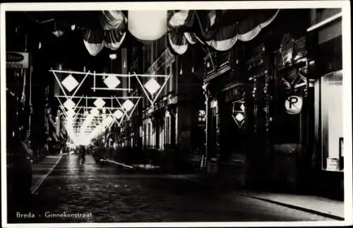 Ak Breda Nordbrabant Niederlande, Ginnekenstraat bei Nacht