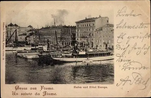 Ak Rijeka Fiume Kroatien, Hafen, Hotel Europa, Kuk Handelsmarine, Flotte d. Reederei Ungaro Croata
