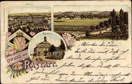 Litho Rastatt im Schwarzwald, Rathaus, Schloss