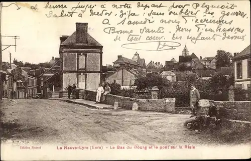 Ak La Neuve Lyre Eure, Bas du Bourg et Pont sur la Risle