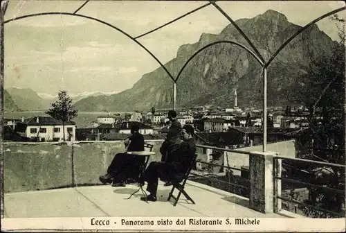 Ak Lecco Lago di Lecco Lombardia, Panorama visto dal Ristorante S. Michele
