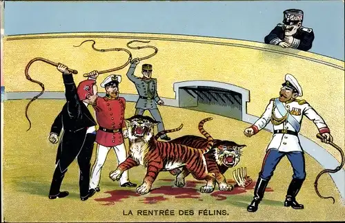Ak La Rentrée des Felins, Tiger in einer Arena, Europäische Staatsoberhäupter