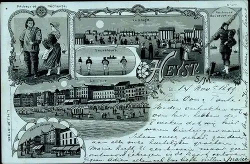 Mondschein Litho Heyst sur Mer Westflandern, Pecheur et Pecheuse, Plage, La digue, Hôtel du Kursaal