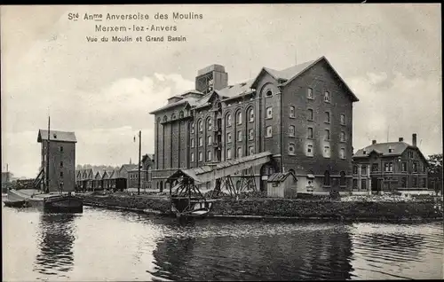 Ak Merxem Merksem Flandern Antwerpen, Sté. Anme. Anversoise des Moulins, Moulin et Grand Bassin