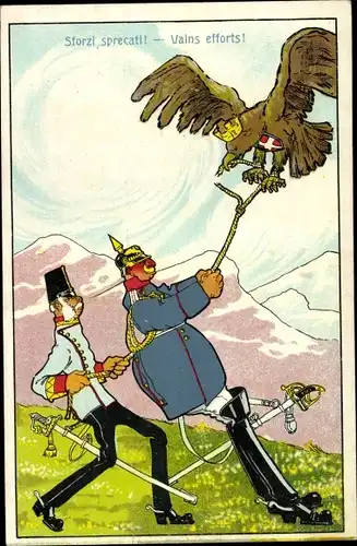Ak Sforzi sprecati, Vains efforts, Kaiser Wilhelm II., Kaiser Franz Joseph I., Adler, Karikatur