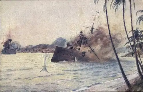 Künstler Ak Hubert, A., Deutsches Kriegsschiff, SMS Emden vernichtet russischen Kreuzer