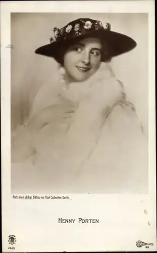 Ak Schauspielerin Henny Porten, Portrait, Hut, Pelzschal