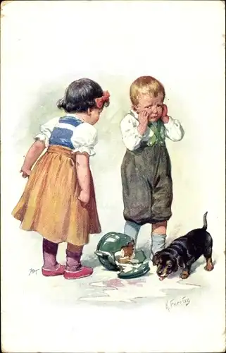Künstler Ak Feiertag, K., Zerbrochener Krug, Dackel, Milch, Kinder