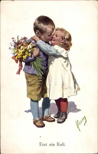 Künstler Ak Feiertag, Karl, Erst ein Kuss, Junge und Mädchen
