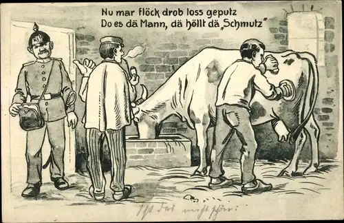 Ak Nu mar flöck drob loss geputz, Do es dä Mann, dä höllt da Schmutz, Rind wird gebürstet