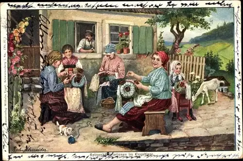 Künstler Ak Schneider, Rud., Spitzenklöpplerinnen im Erzgebirge, Ziege
