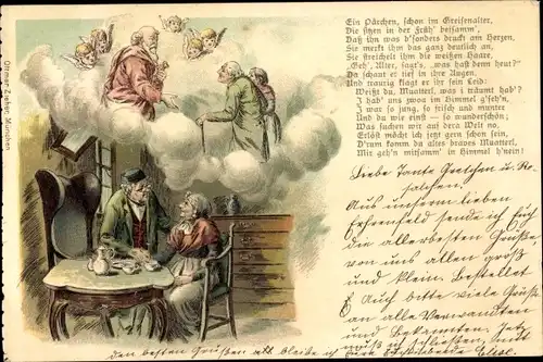 Gedicht Litho Ein Prächen, schon im Greisenalter, Mir geh'n mitsamm' in Himmel h'nein