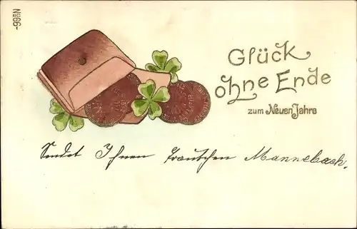 Präge Litho Glückwunsch Neujahr, Münzen, Kleeblätter, Portemonnaie