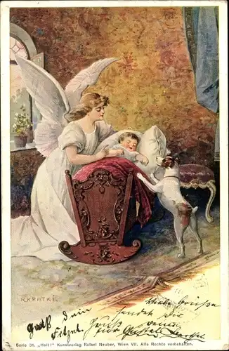 Künstler Ak Kratky, R., Engel und Terrier an einer Babywiege, Schutzengel