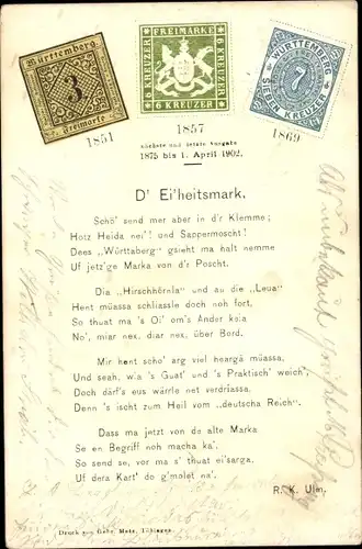 Briefmarken Gedicht Ak D' Ei'heitsmark, Württemberg, Freimarke