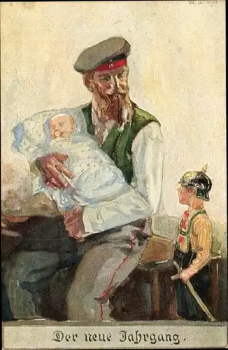 Ak Der neue Jahrgang, deutscher Soldat in Uniform mit Baby, Sohn in Uniform