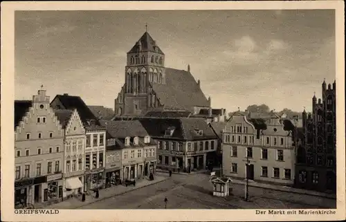 Ak Greifswald, Der Markt mit Marienkirche