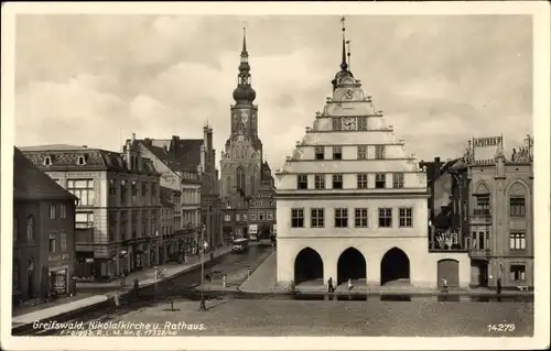 Ak Greifswald, Nikolaikirche, Rathaus, Apotheke