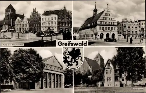 Ak Hansestadt Greifswald, Platz der Freundschaft, Rathaus, Marienkirche, Theater, Wappen