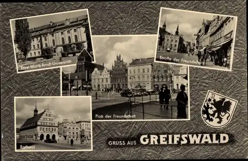 Passepartout Ak Greifswald in Vorpommern, E. M. Arndt Universität, Straße der Freundschaft, Rathaus