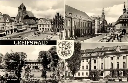 Ak Hansestadt Greifswald, Platz der Freundschaft, Am Bahnhof, Ernst-Moritz-Arndt-Universität, Wappen