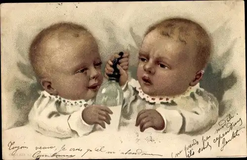 Präge Litho Zwei Babys mit Milchflasche