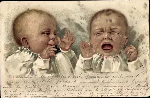 Präge Litho Zwei Babys mit Milchflasche